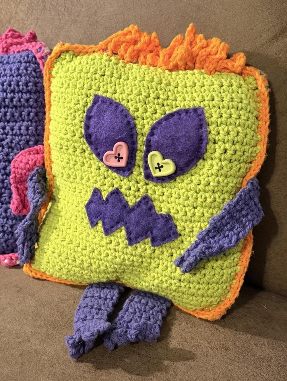 Unique Handmade Crochet Monster Pillows Set of 2 Square Stuffed Character Plush - Picture 3 of 6